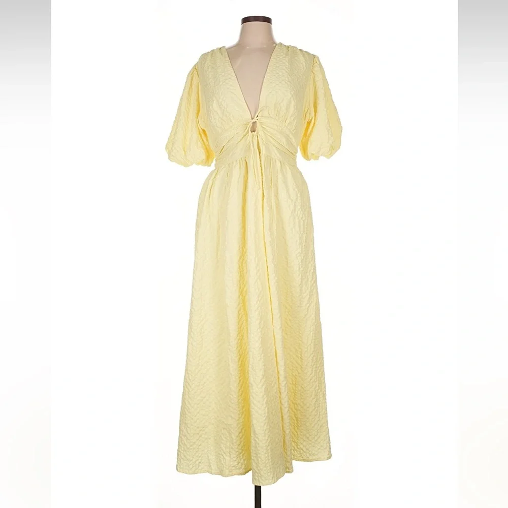 Abercrombie Yellow Tie Front Puff Sleeve Textured Maxi Dress - Picture 2 of 3